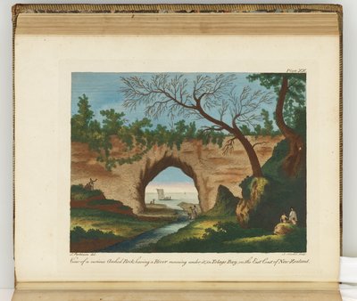Ansicht eines kuriosen gewölbten Felsens mit einem Fluss darunter, Tolago Bay, an der Ostküste Neuseelands, Illustration aus A journal of a voyage to the South Seas : in His Majestys ship, the Endeavour, 1794 von Sydney